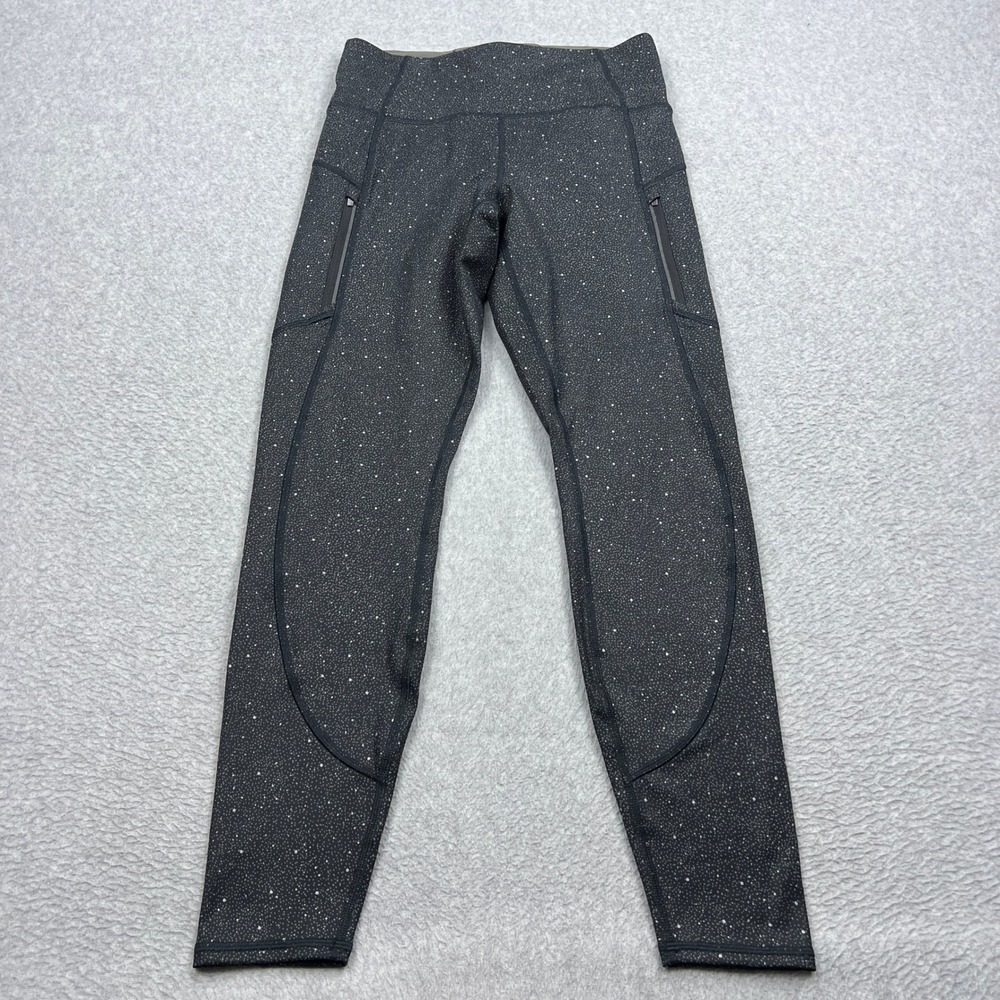 Athleta Rainier Reflective Tight Leggings Women Medium Black Speckle Zip Pockets